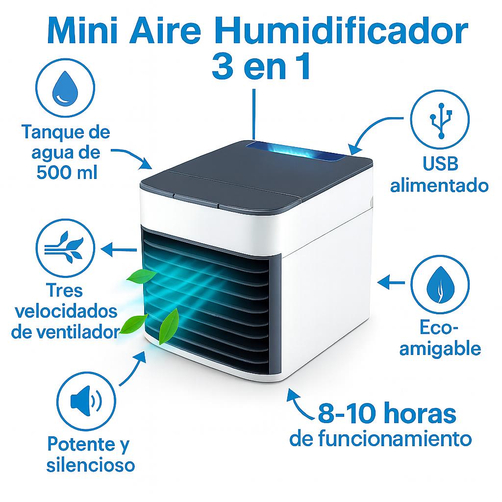 Mini Aire Portátil 3 en 1 | Enfriador + Humidificador + Purificador