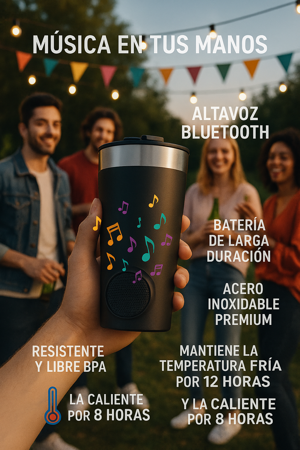 Vaso térmico con bocina Bluetooth | Mantiene frío/caliente + música
