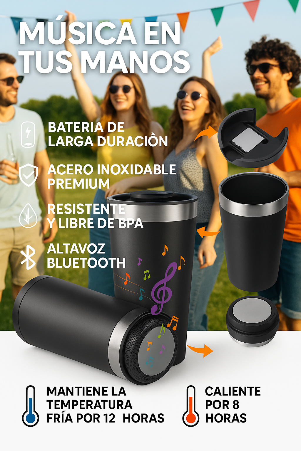 Vaso térmico con bocina Bluetooth | Mantiene frío/caliente + música