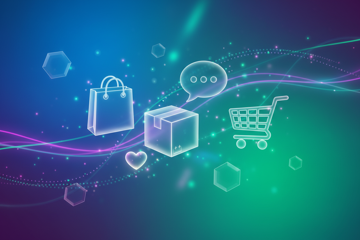 Fondo futurista con degradado en tonos azul eléctrico, violeta profundo, fucsia y verde esmeralda brillante predominante, con reflejos suaves tipo neón.
Líneas de energía y partículas luminosas con brillo sutil y movimiento direccional fluido.
Figuras hexagonales translúcidas flotando en diferentes planos de profundidad.
Íconos 3D con efecto glaseado translúcido: bolsa de compras, caja de envío, burbuja de chat, carrito de compras y un pequeño corazón brillante discreto entre ellos (sin ser el elemento prin