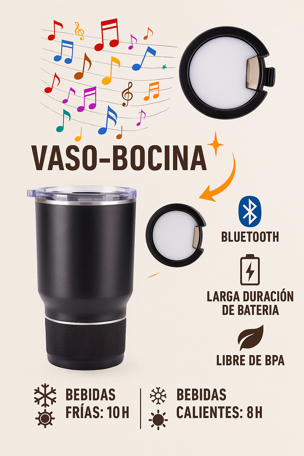 Vaso térmico con bocina Bluetooth | Mantiene frío/caliente + música
